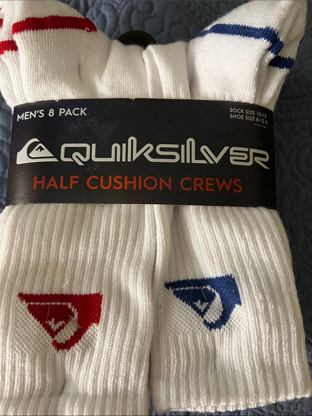 Quiksilver Men's White Crew Socks with Red & Blue Logo Accents - 8 Pack